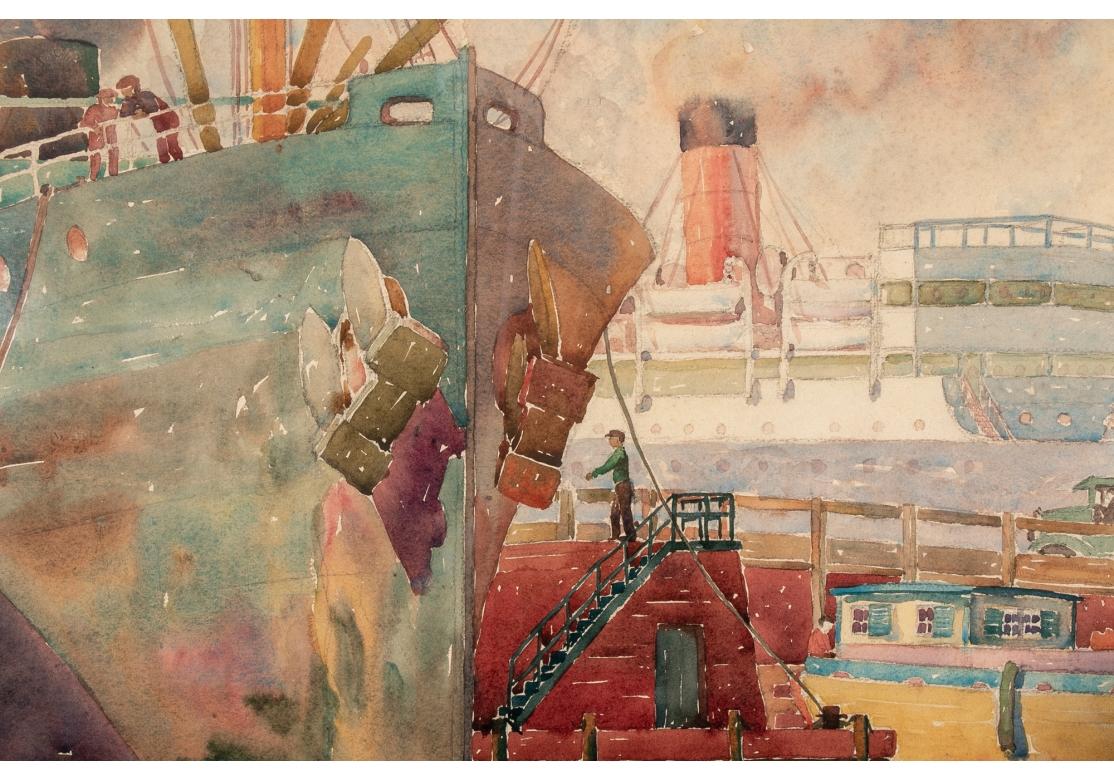 Glass William A. Drake (1891-1979) Framed Watercolor With Boatyard & Steamer For Sale