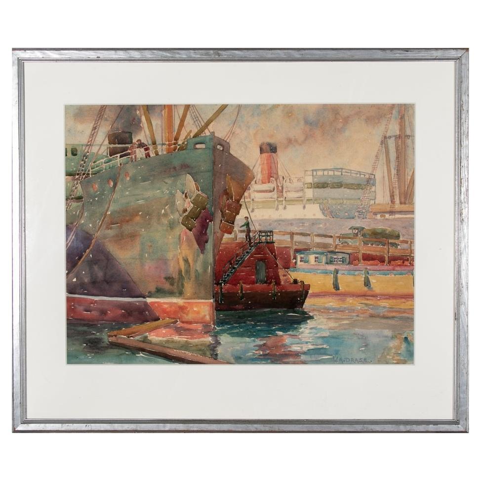 William A. Drake (1891-1979) Framed Watercolor With Boatyard & Steamer For Sale