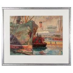 Gerahmtes Aquarell mit Bootsyard & Steamer von William A. Drake (1891-1979), gerahmt