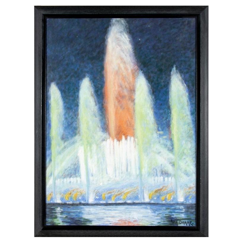 William A. Drake (1891-1979) Night Time Fountain Lights Pastel On Paper For Sale