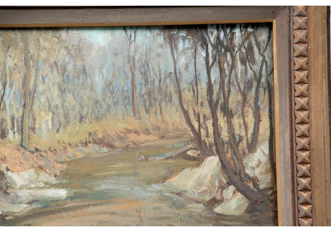 Oil on board depicting a forest landscape with trees casting their reflections on a central pond, time-worn rocks in the foreground and he hint of a blue sky in the far off distance.
Dimensions:
Board -  24