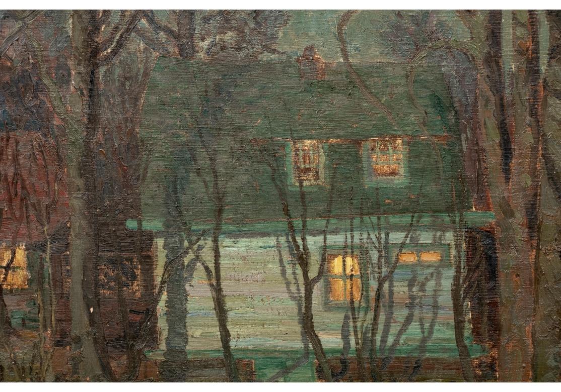 With New Jersey State Museum, Trenton label affixed to the frame back. A simple cottage at night with trees and stars. Museum label on verso. Unframed. Signed Lower right. 
Painting measures 30” wide by 25” high by 1” deep. 
Overall condition is