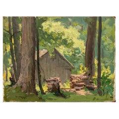 William A. Drake (1891-1979), Olio su masonite - Cabine nel bosco