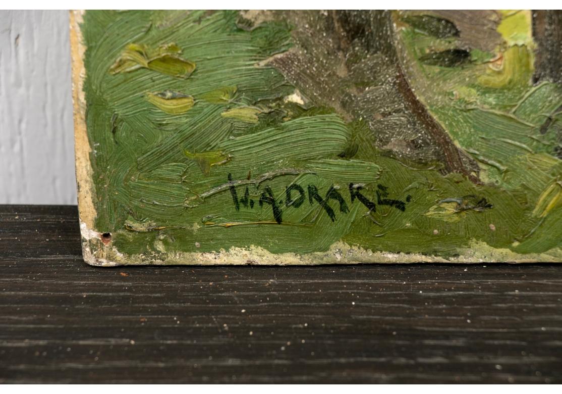 Oil on masonite depicting a cabin in the woods with firewood stacked beneath the green tonal trees. 
Unframed.
Signed lower left.
Inscribed on verso Roches Point, Lake Simcoe.
Dimensions: 12” x 16” x 1/4