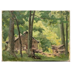 William A. Drake (1891-1979), Olio su masonite Cabine nel Woods Williams, Lago Simcoe