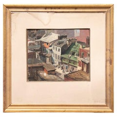 William A. Drake (1891-1979), huile sur masonite, architectures urbaines colorées