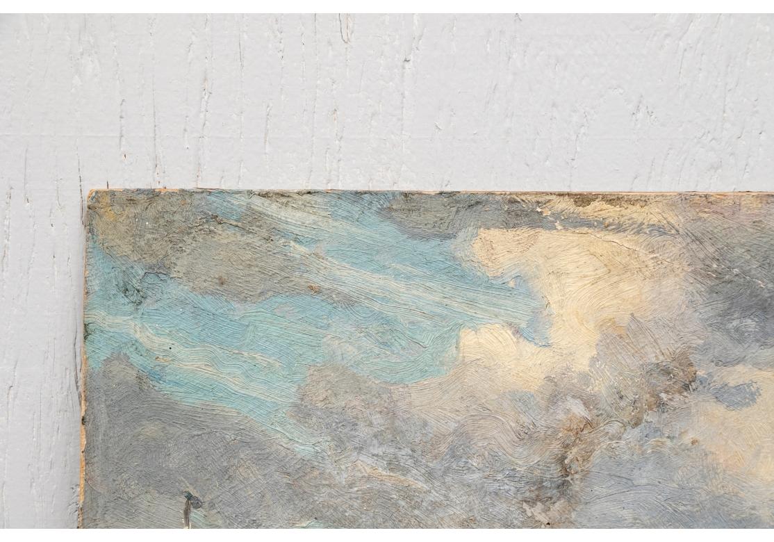 Olio su masonite che raffigura una nave lungo il molo con una struttura rustica e figure sul molo. La nave con il fumo grigio che si spande nel cielo grigio e blu.
Senza cornice.
Firmato in basso a destra.
Dimensioni:  12” x 16” x 1/8