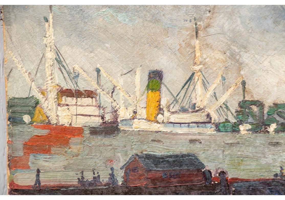 Classico americano William A. Drake (1891-1979), Olio su masonite, Nave nel porto in vendita