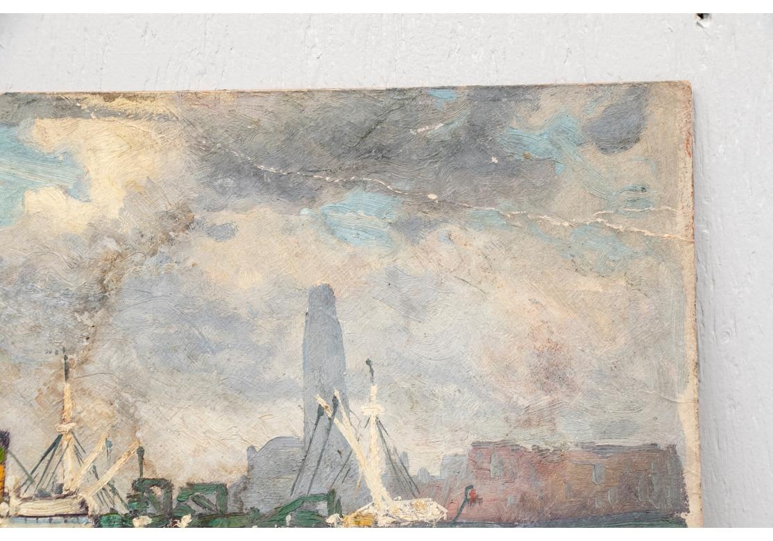 Dipinto a mano William A. Drake (1891-1979), Olio su masonite, Nave nel porto in vendita