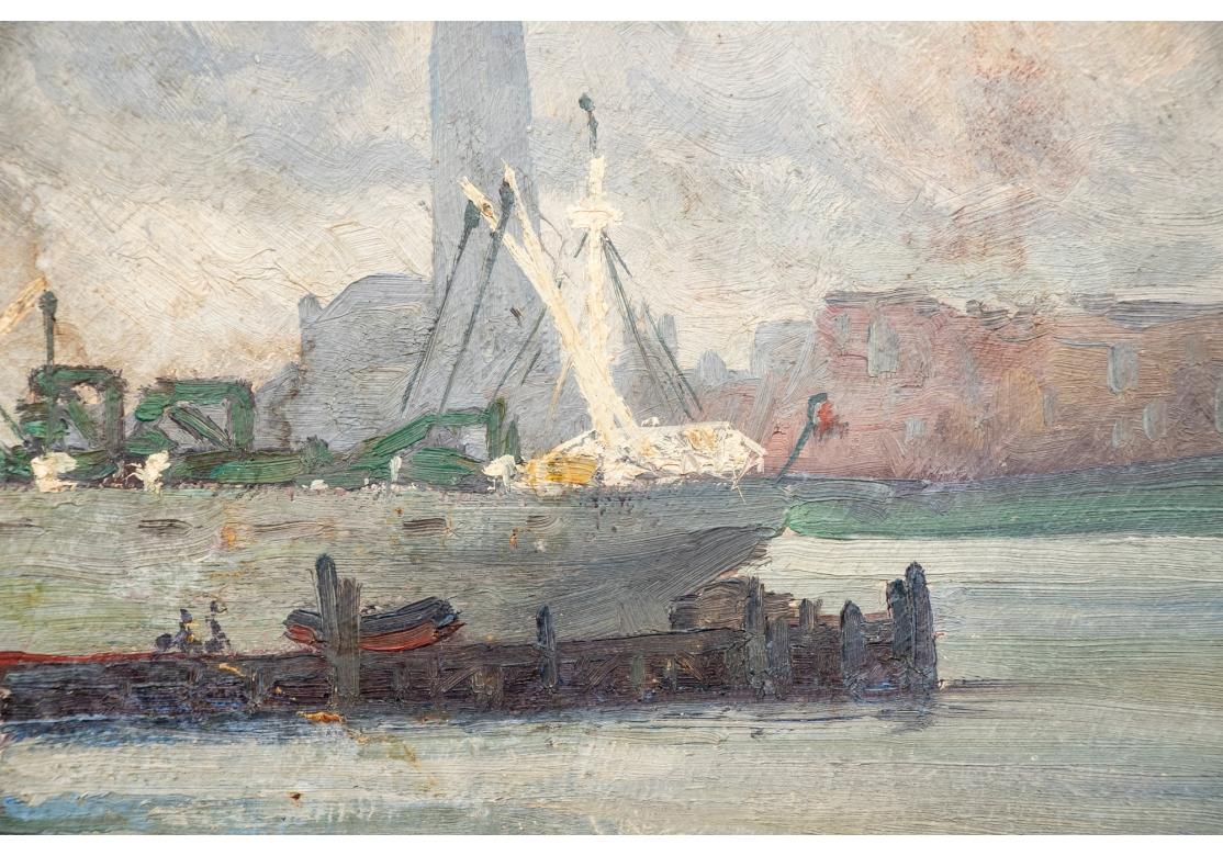 William A. Drake (1891-1979), Olio su masonite, Nave nel porto In condizioni deteriorate in vendita a Bridgeport, CT