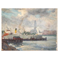 William A. Drake (1891-1979), Oil On Masonite Ship In Harbour
