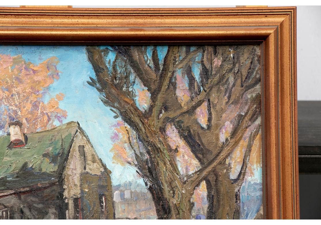 Pallet oil on board depicting a rural structure in the center with two large barren trees to the right and autumnal trees n the background.
Signed lower left.
Presented in a coppery gilt frame.
Dimensions:
Sight: 23 1/2