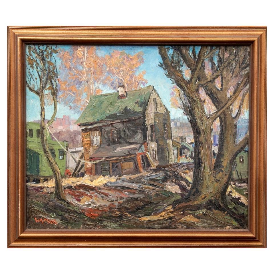 William A. Drake (1891-1979) Pallet Oil On Board Landscape With Rural Sructure For Sale