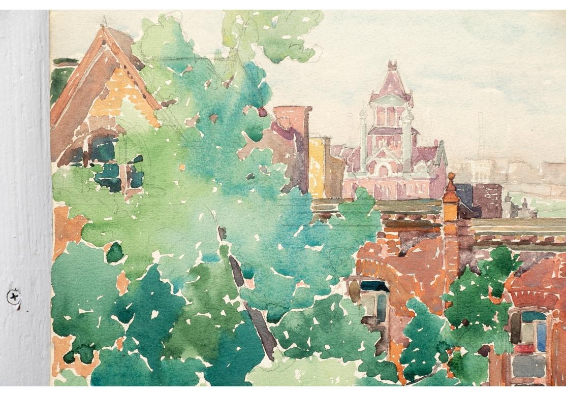 Watercolor on board depicting a Philadelphia Pa. city scene as viewed from a hotel room window. The view partially obscured by a leafy tree in the foreground, other structures in the distance and set against a pale pastel sky.
Signed lower