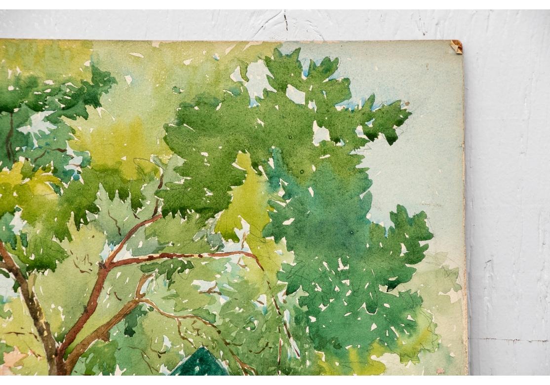 Watercolor on board depicting a green structure in the center beneath a leafy green tree, a red brick walk in the foreground, partially obscured structures in the background.
Unframed.
Signed upper left.
Inscribed on verso: Dee Dee's Summer House