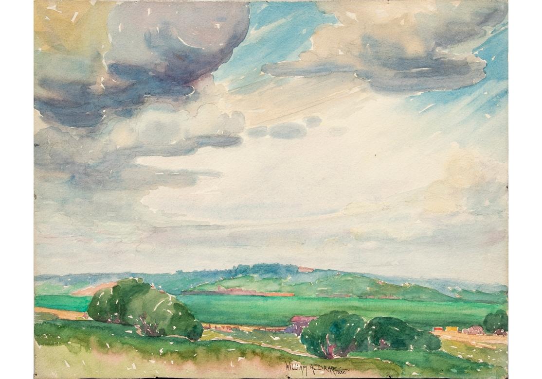 Watercolor on board depicting a landscape, more than likely the Meadowlands in Secaucus NJ, with trees in the foreground partially obscuring homes and structures, blue/green waters in the background and rolling hills in the distance, set against a