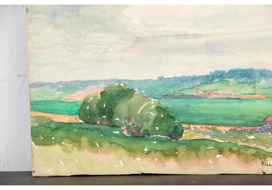 William A. Drake (1891-1979) Watercolor On Board - Meadow Land Landscape For Sale 1