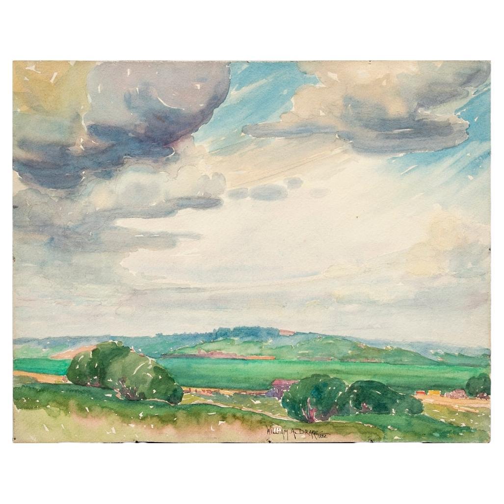 William A. Drake (1891-1979) Watercolor On Board - Meadow Land Landscape