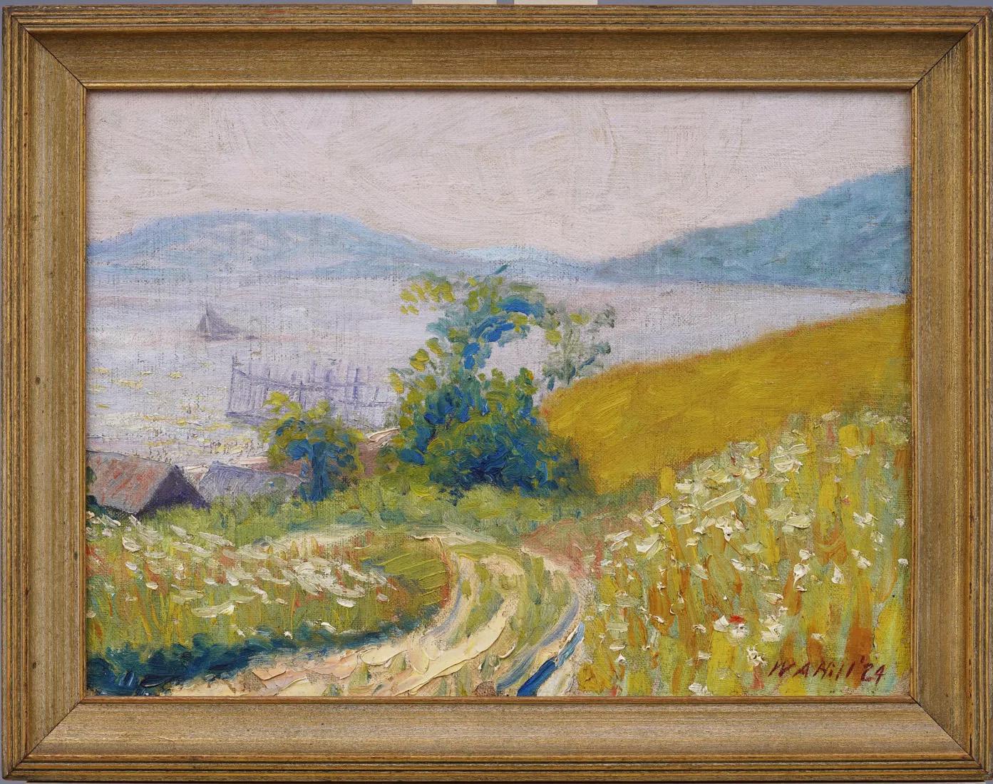 Antiguo cuadro al óleo impresionista americano firmado Escena costera de Maine enmarcado - Painting de William A. Hill 