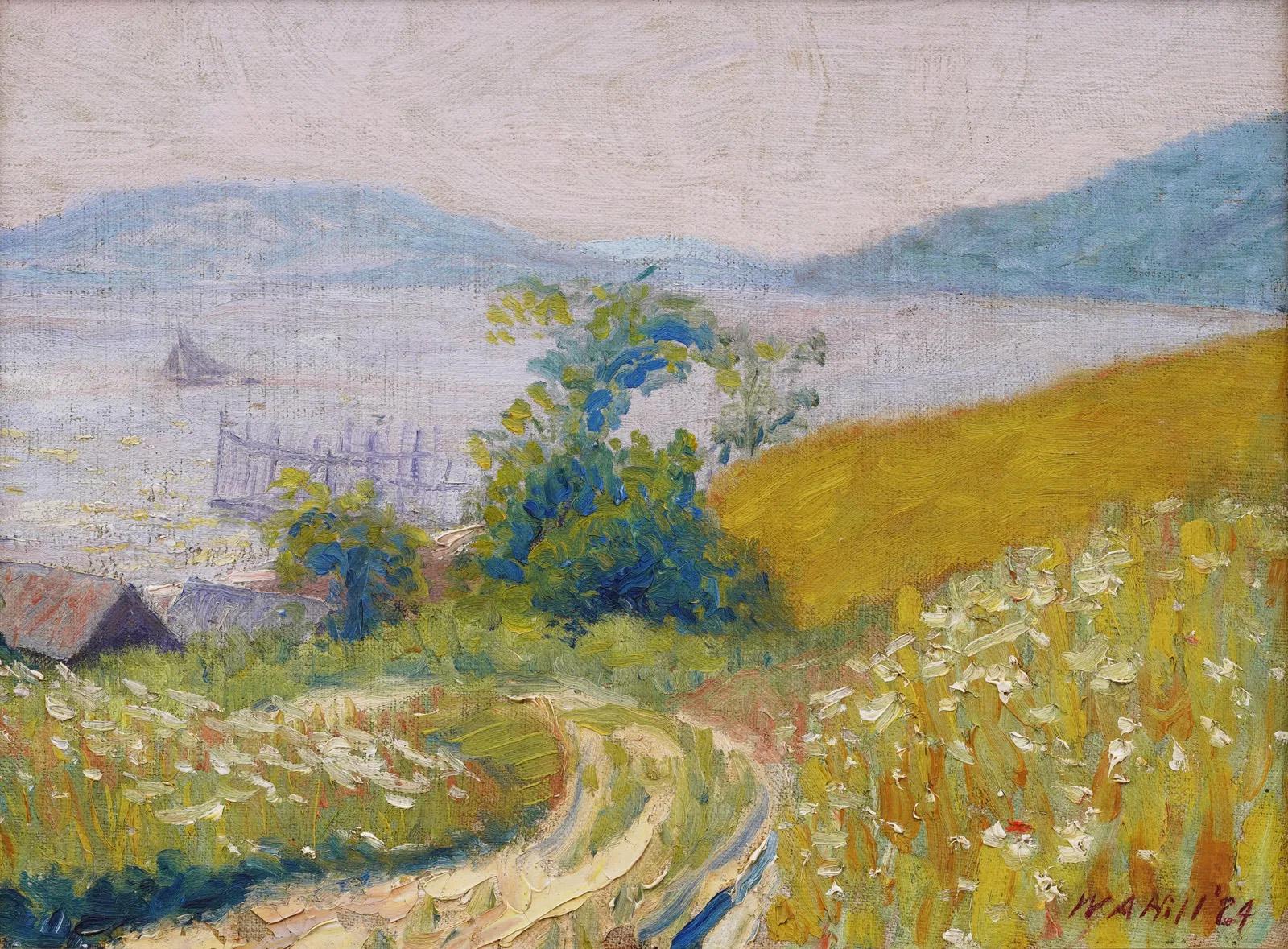Antiguo cuadro al óleo impresionista americano firmado Escena costera de Maine enmarcado - Painting Impresionista de William A. Hill 
