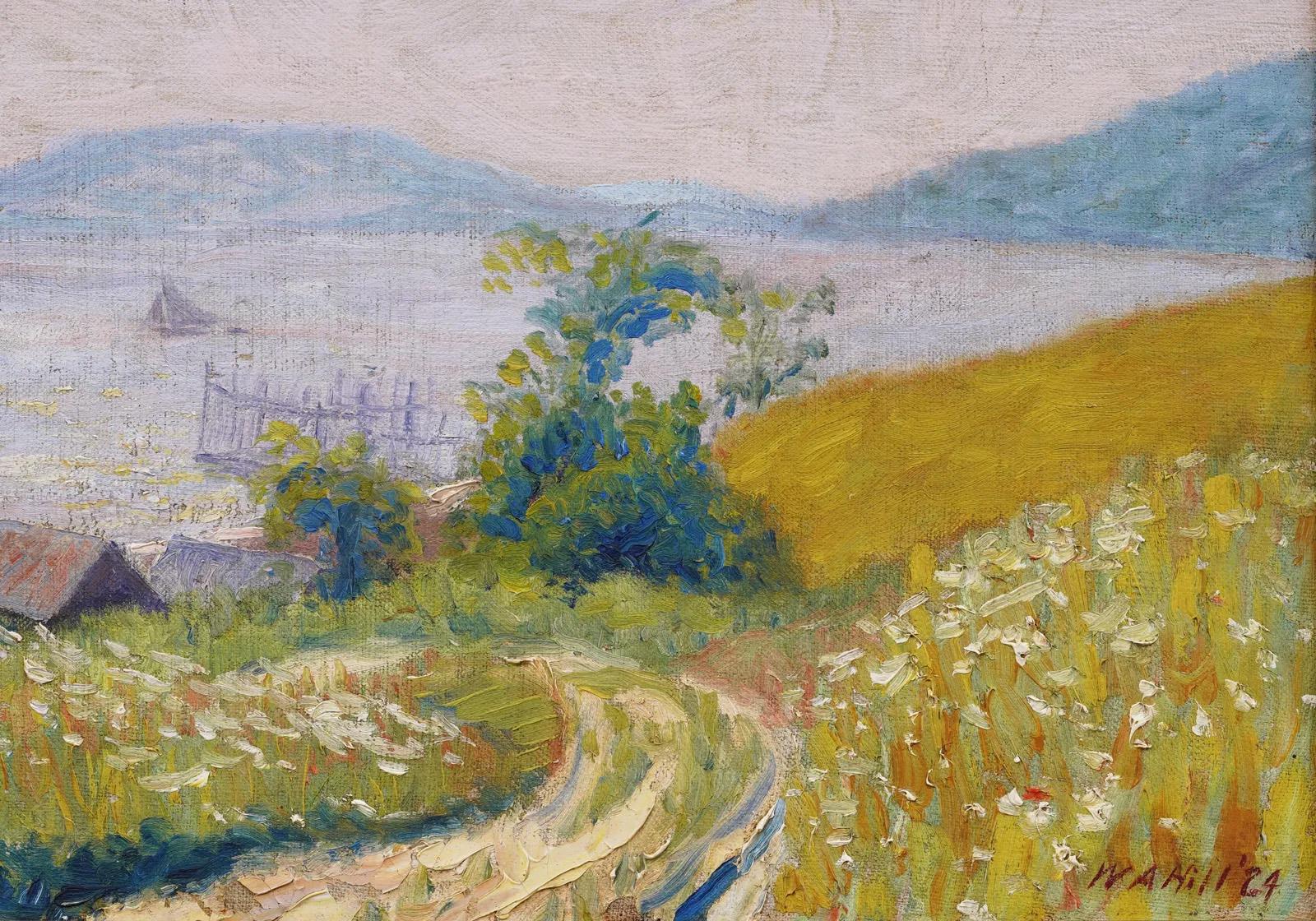 Antiguo cuadro al óleo impresionista americano firmado Escena costera de Maine enmarcado - Landscape Painting Marrón de William A. Hill 