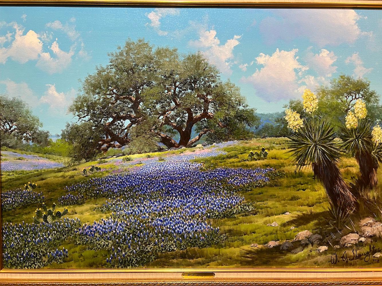 Bluebonnets, Oak, and Yucca - Realist Painting by William A. Slaughter