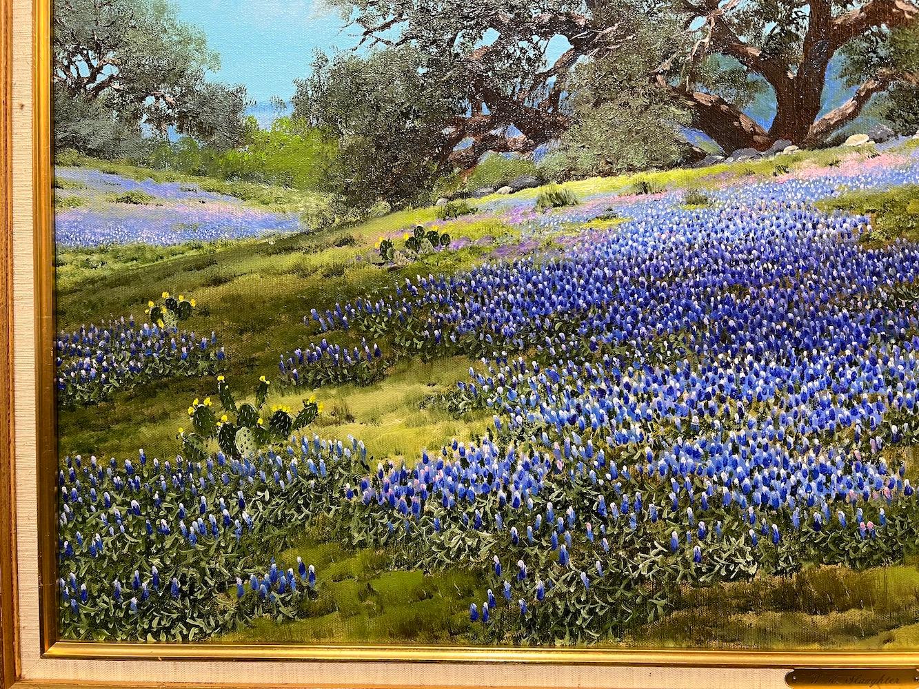 Bluebonnets, Oak, and Yucca - Brown Landscape Painting by William A. Slaughter
