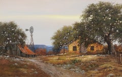 « Stone House & Windmill », W.A. Slaughter, Original, Huile sur toile, 24x36 pouces.