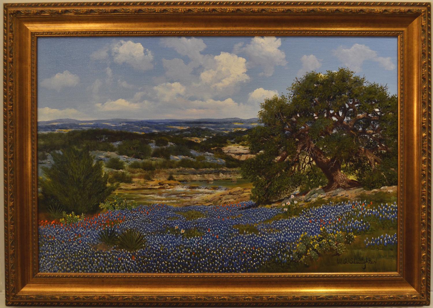 William Slaughter "Bluebonnets Over Texas Hills" o/c 24x36, Texan - Painting by William A. Slaughter