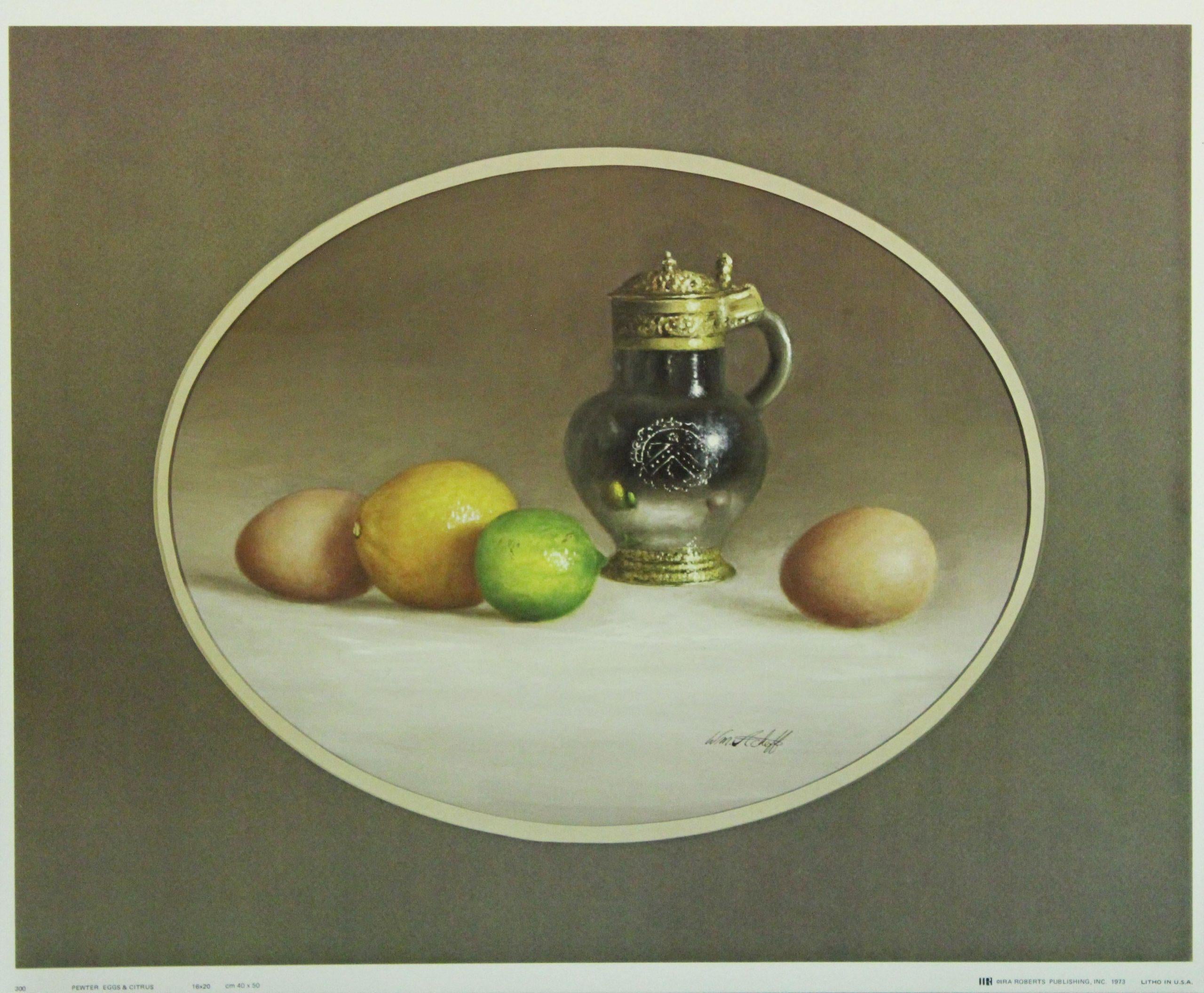 Still-Life Print de William Acheff - Huevos de peltre y estampado de cítricos. IRA Roberts Publishing, Inc. 1973.
