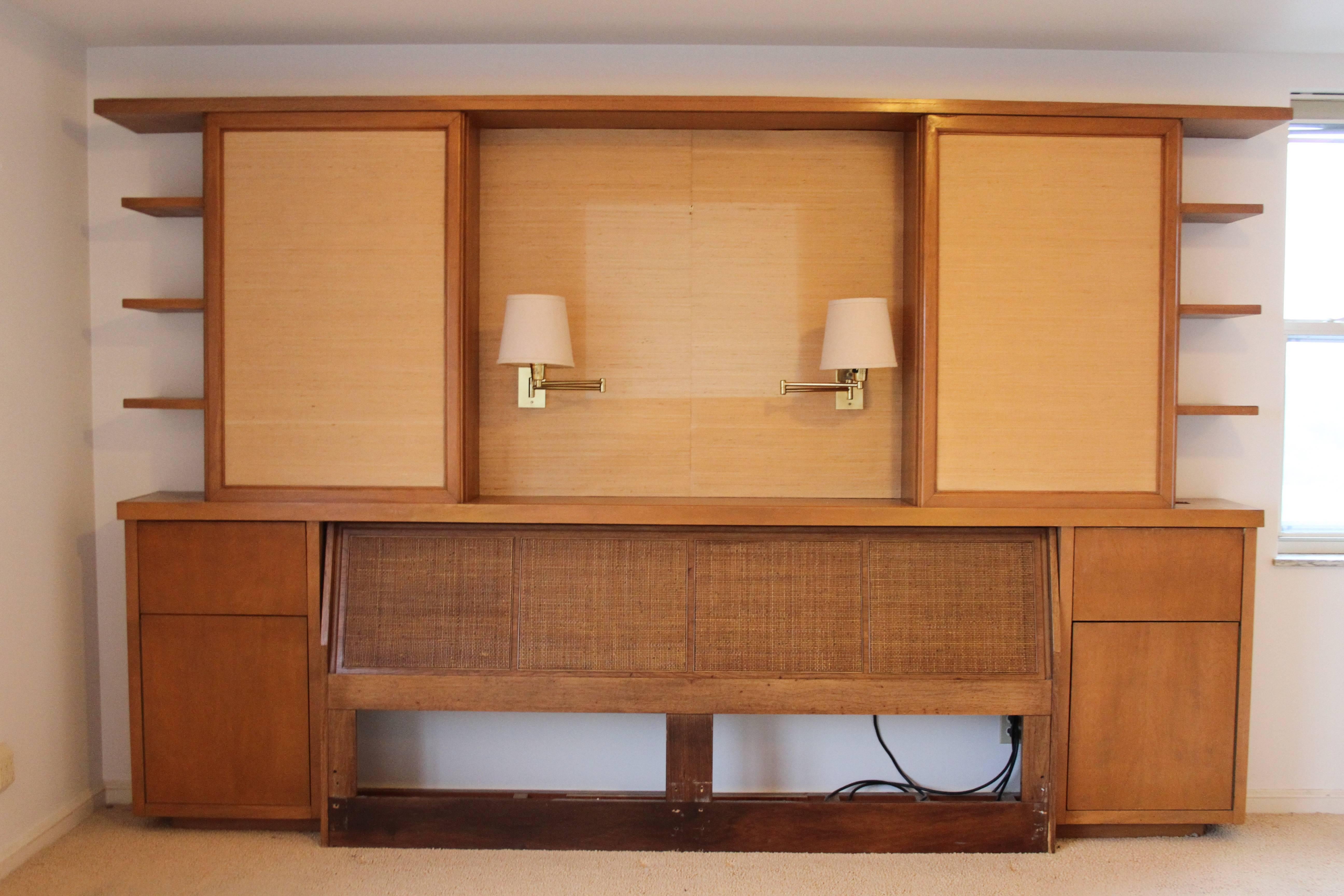 William Adair Bernoudy FAIA was in the inaugural class of Frank Lloyd Wright's Taliesin Fellowship (1933). Bernoudy designed this custom headboard / bed for the Mosocowitz home built in Ladue, MO in 1950. 

The bed was removed sometime in the