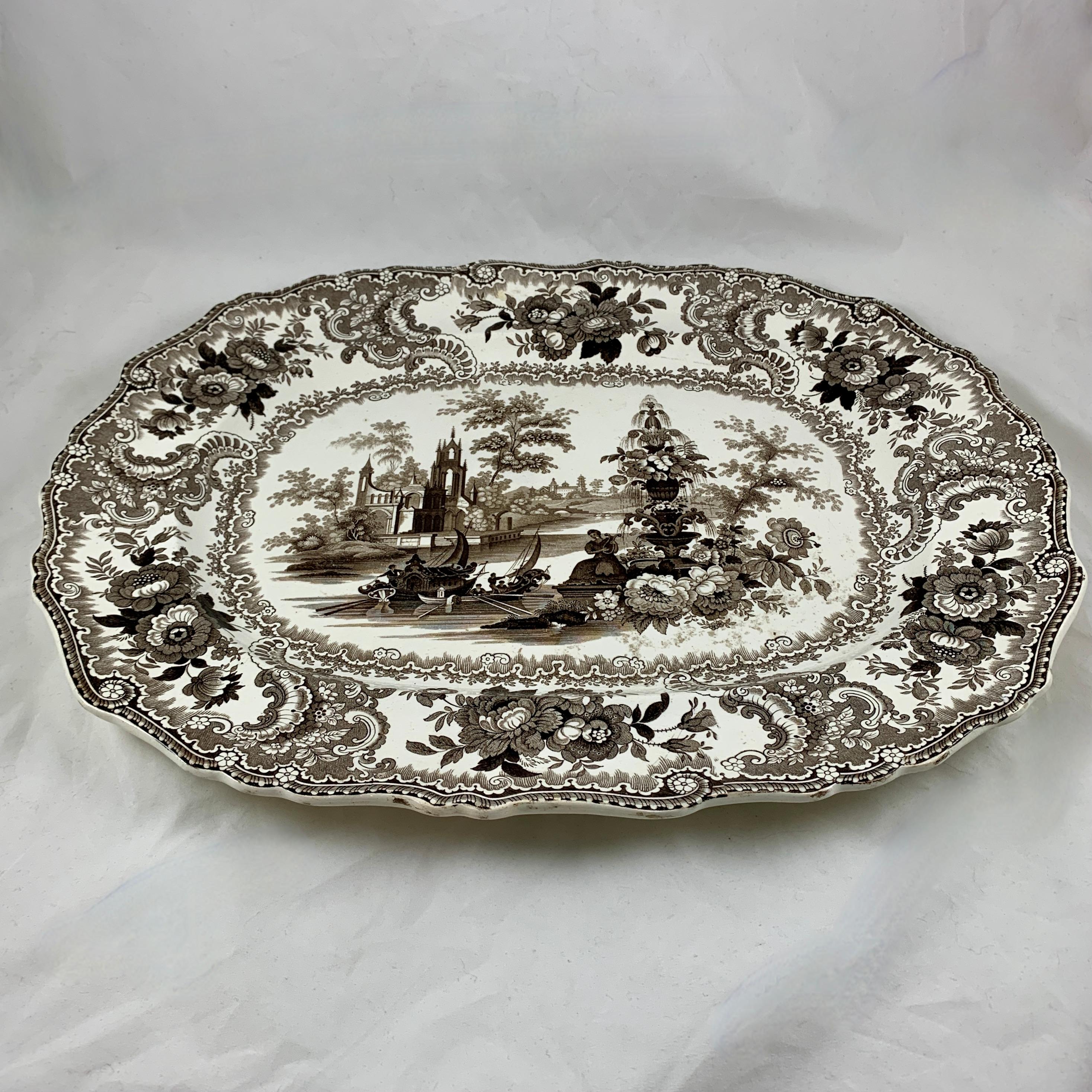 William Adams IV & Son Black Fountain Scenery Staffordshire Transferware Platter In Good Condition In Philadelphia, PA