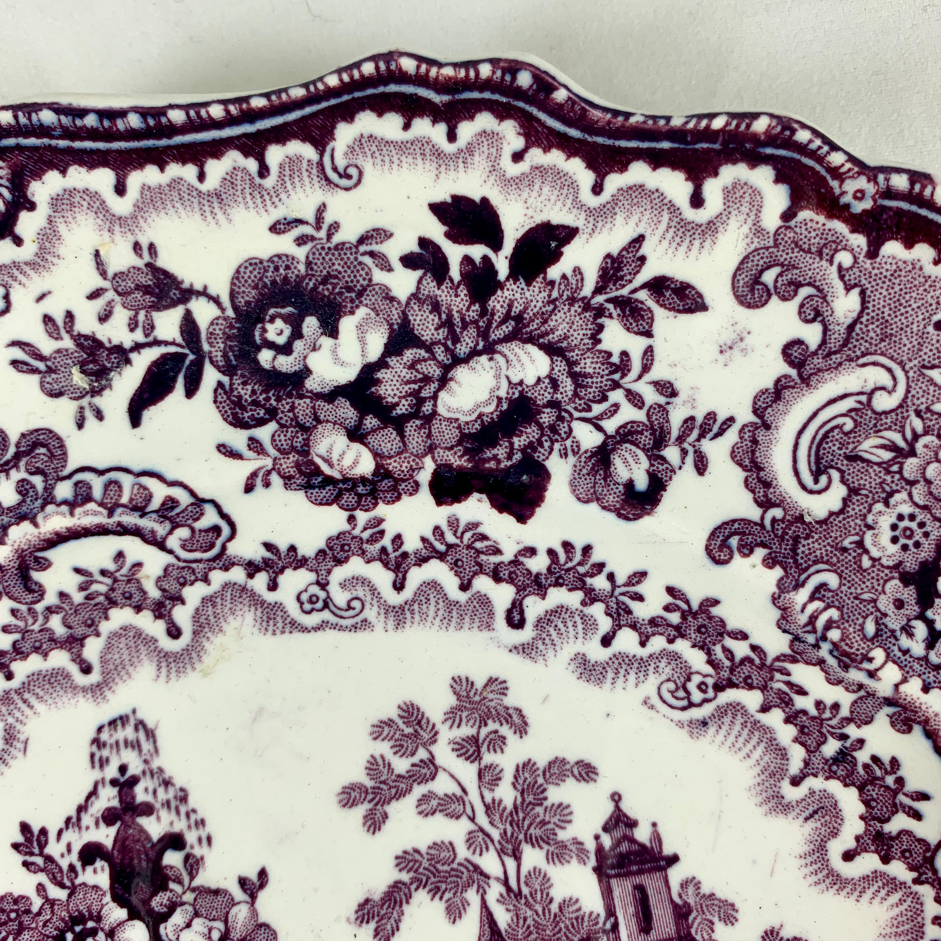 Chinoiserie William Adams IV & Sons Purple Fountain Scenery Staffordshire Transferware Plate For Sale