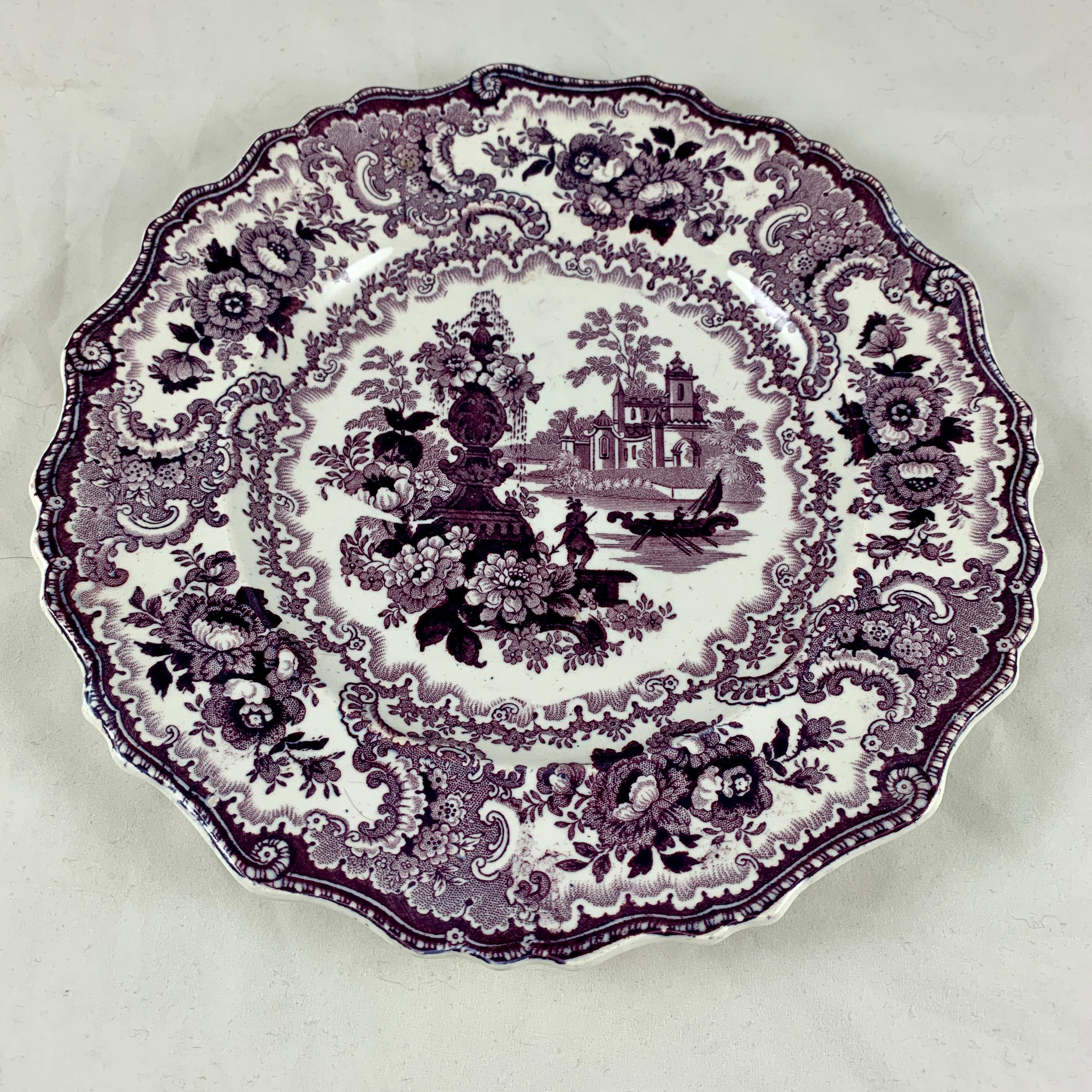 English William Adams IV & Sons Purple Fountain Scenery Staffordshire Transferware Plate For Sale
