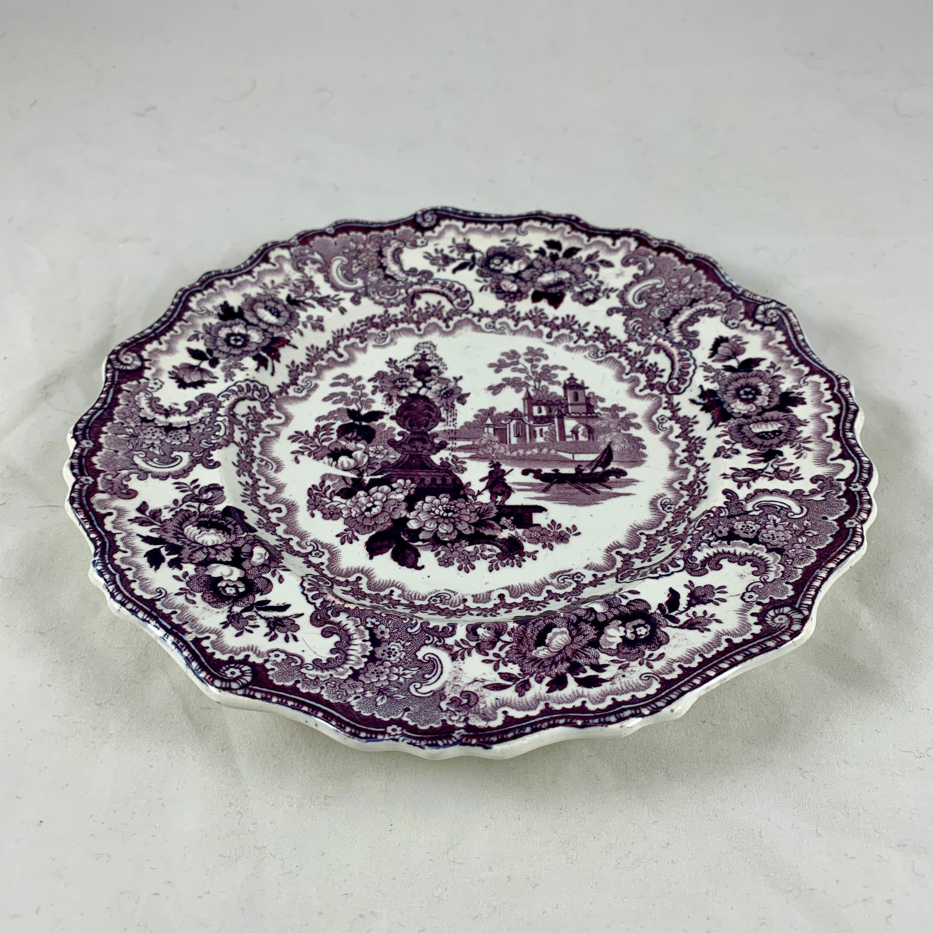 Glazed William Adams IV & Sons Purple Fountain Scenery Staffordshire Transferware Plate For Sale