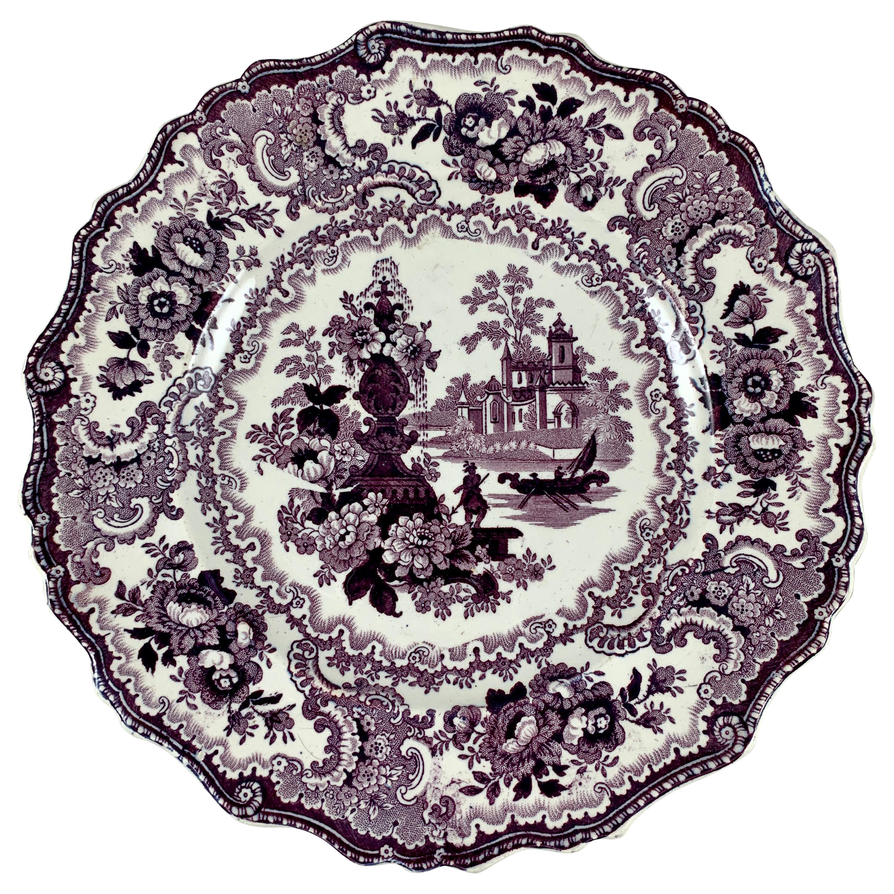 William Adams IV. & Söhne Staffordshire Transferware Teller in Violett mit Brunnenszene