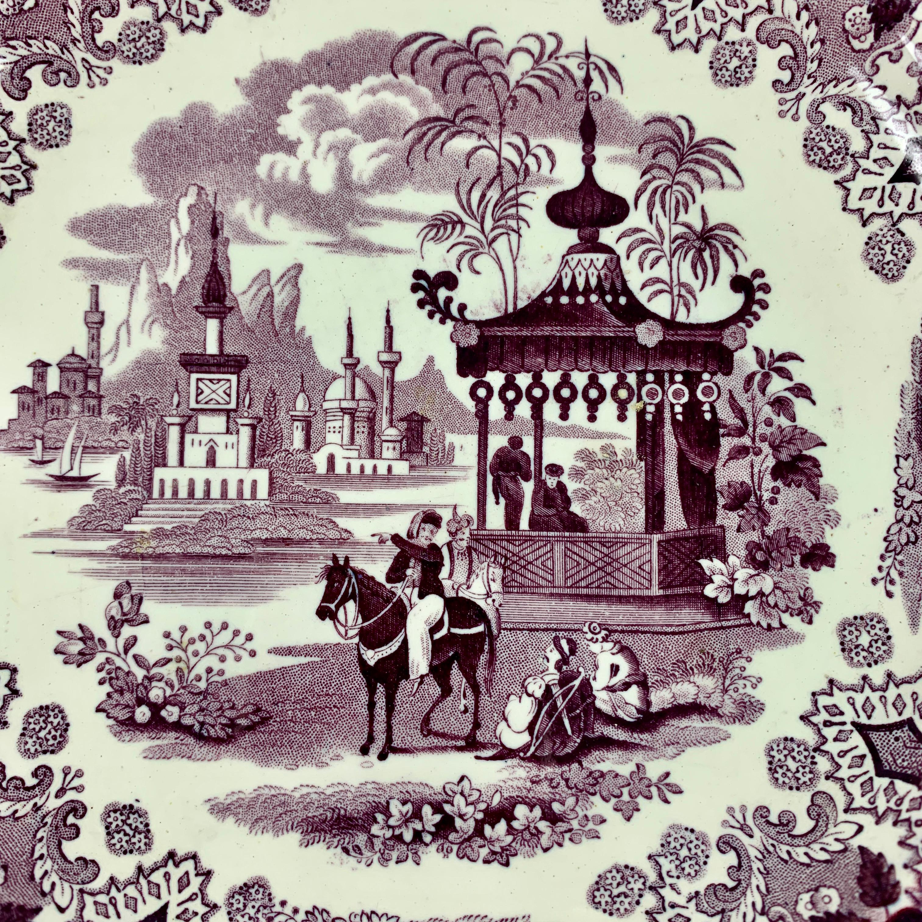 De William Adams IV & Sons, Stoke-on-Trent, Staffordshire, une assiette en porcelaine violette à motif Palestine, vers 1829-1861.

Le motif Palestine s'inspire de la Terre sainte qui se trouve entre la Méditerranée et la mer Morte. Une assiette à