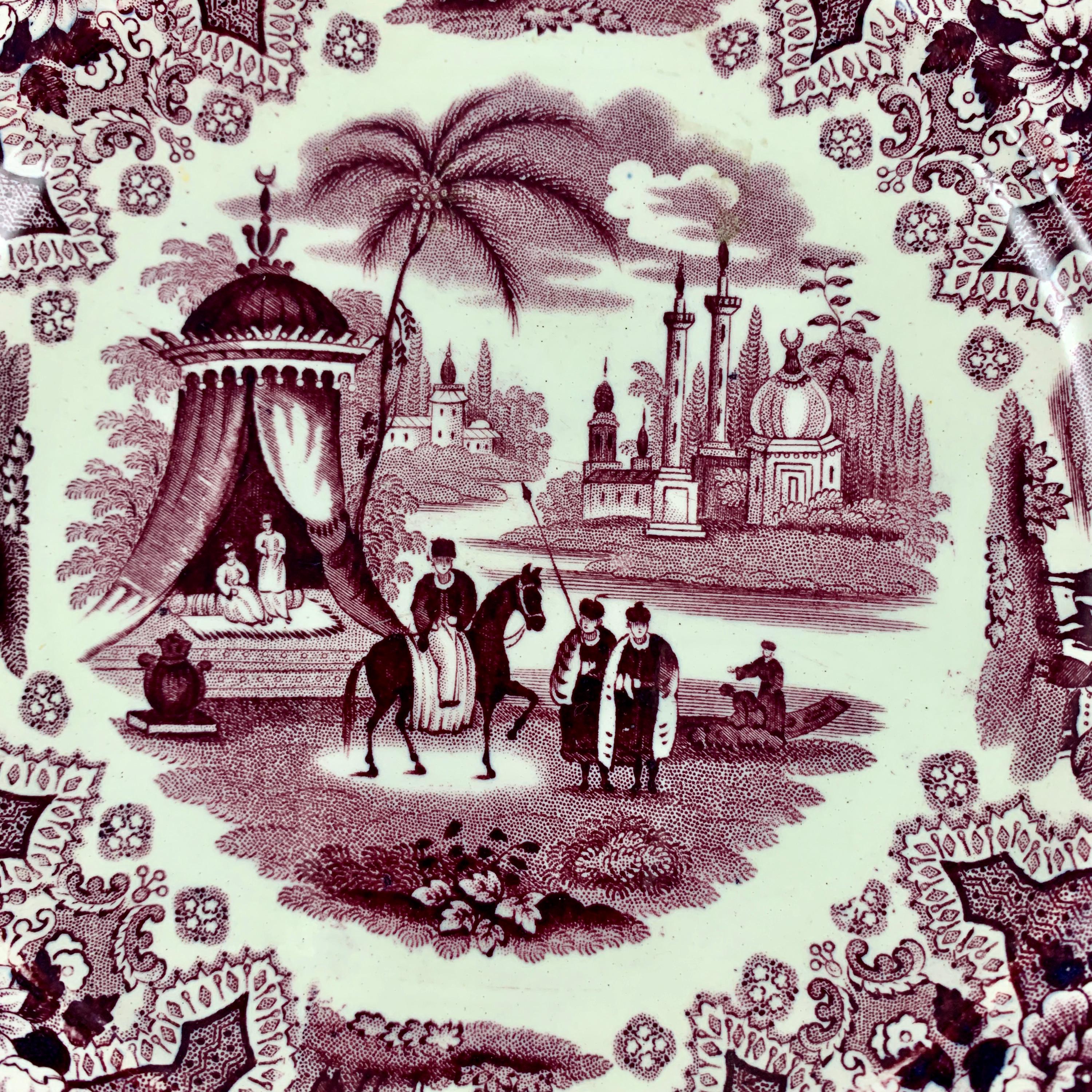 From William Adams IV & Sons, Stoke-on-Trent, Staffordshire, a purple transferware plate in the Palestine pattern, circa 1829–1861.

The Palestine pattern is inspired by the Holy Land that lies between the Mediterranean and the Dead Seas. A