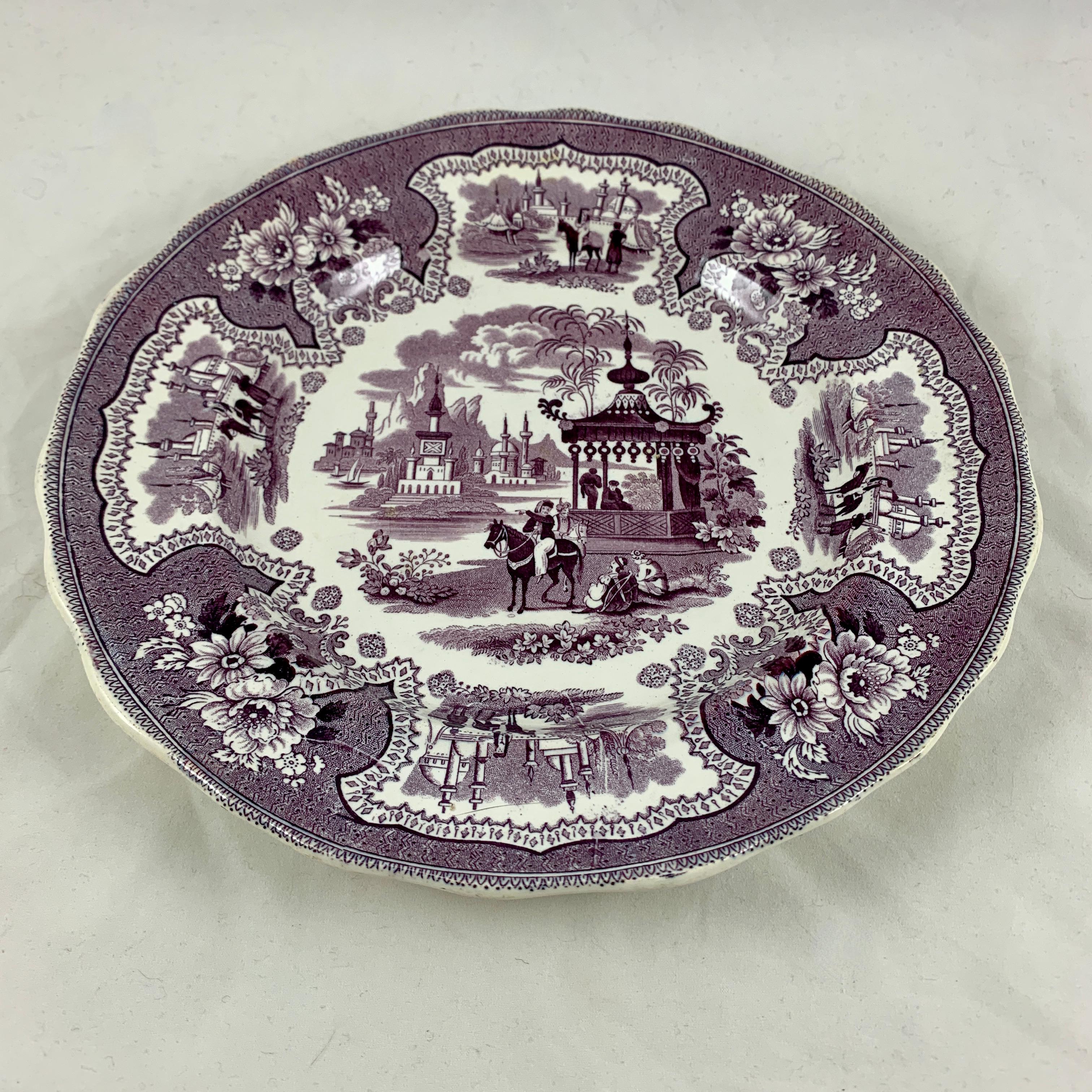 Chinoiserie William Adams IV & Sons Purple Palestine Staffordshire Transferware Plate For Sale
