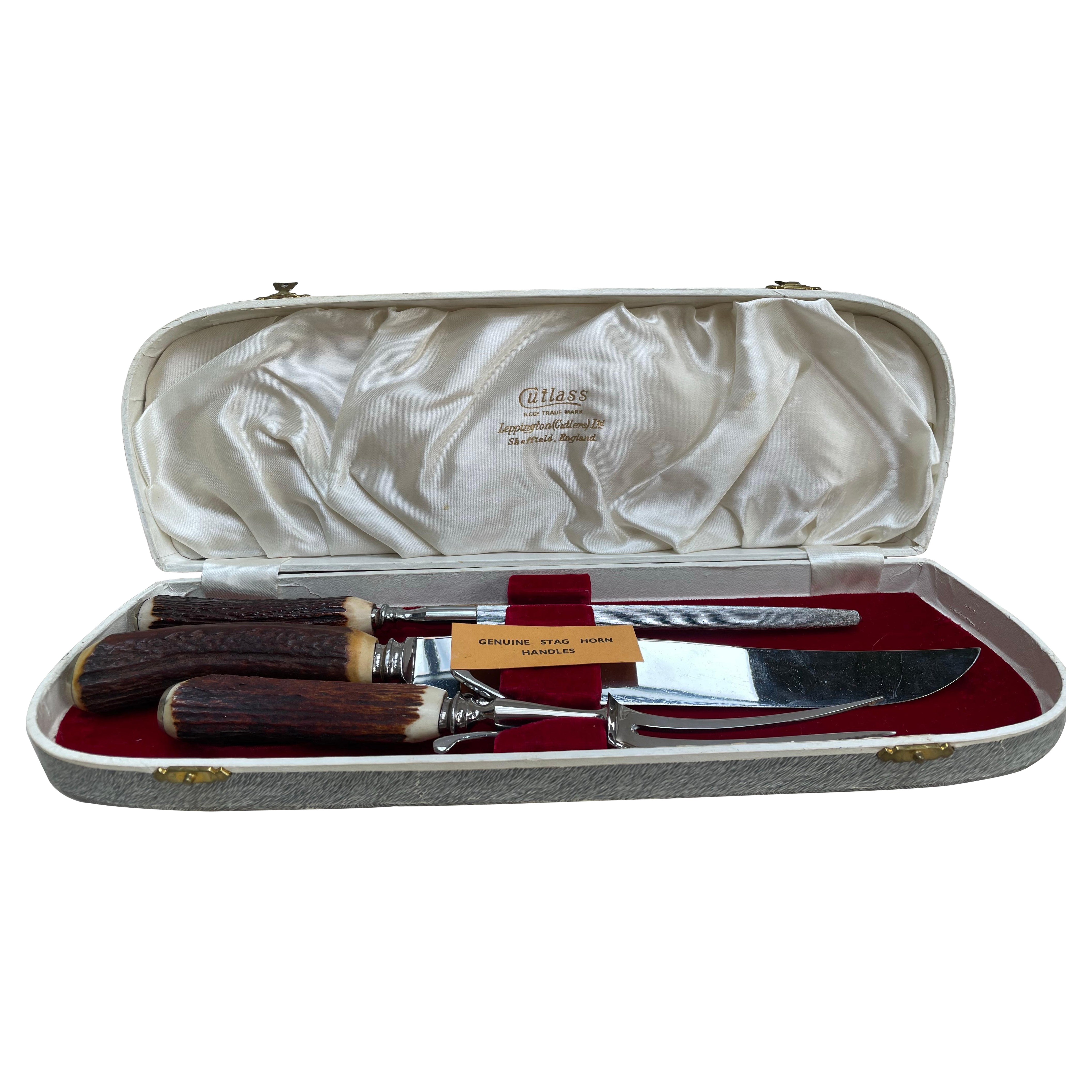 William Adams Sheffield 3-tlg. Schnitzbesteck mit Hirschhorn Griffen
