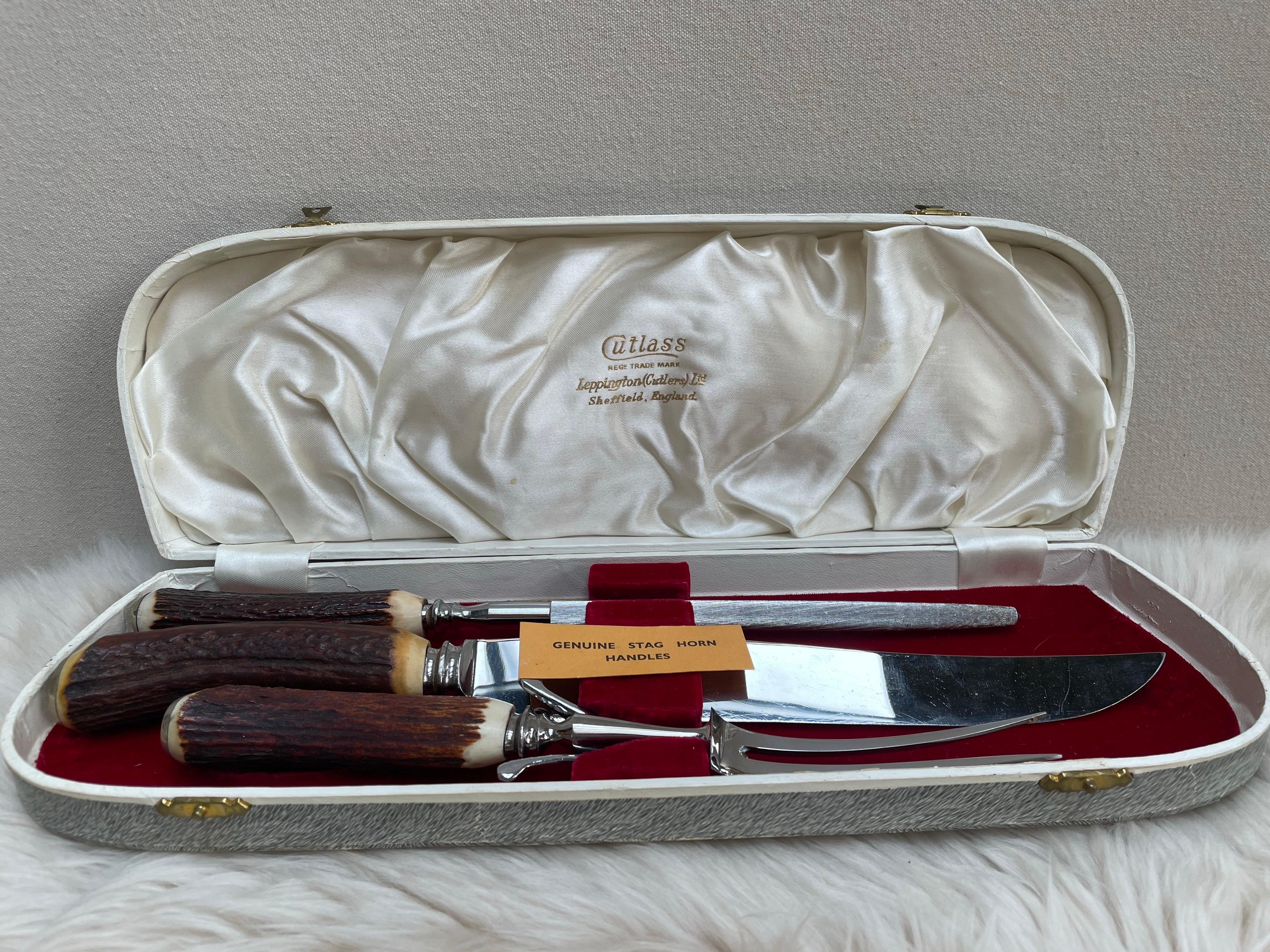 William Adams Sheffield 3-Piece Carving Set with Stag Horn Handles