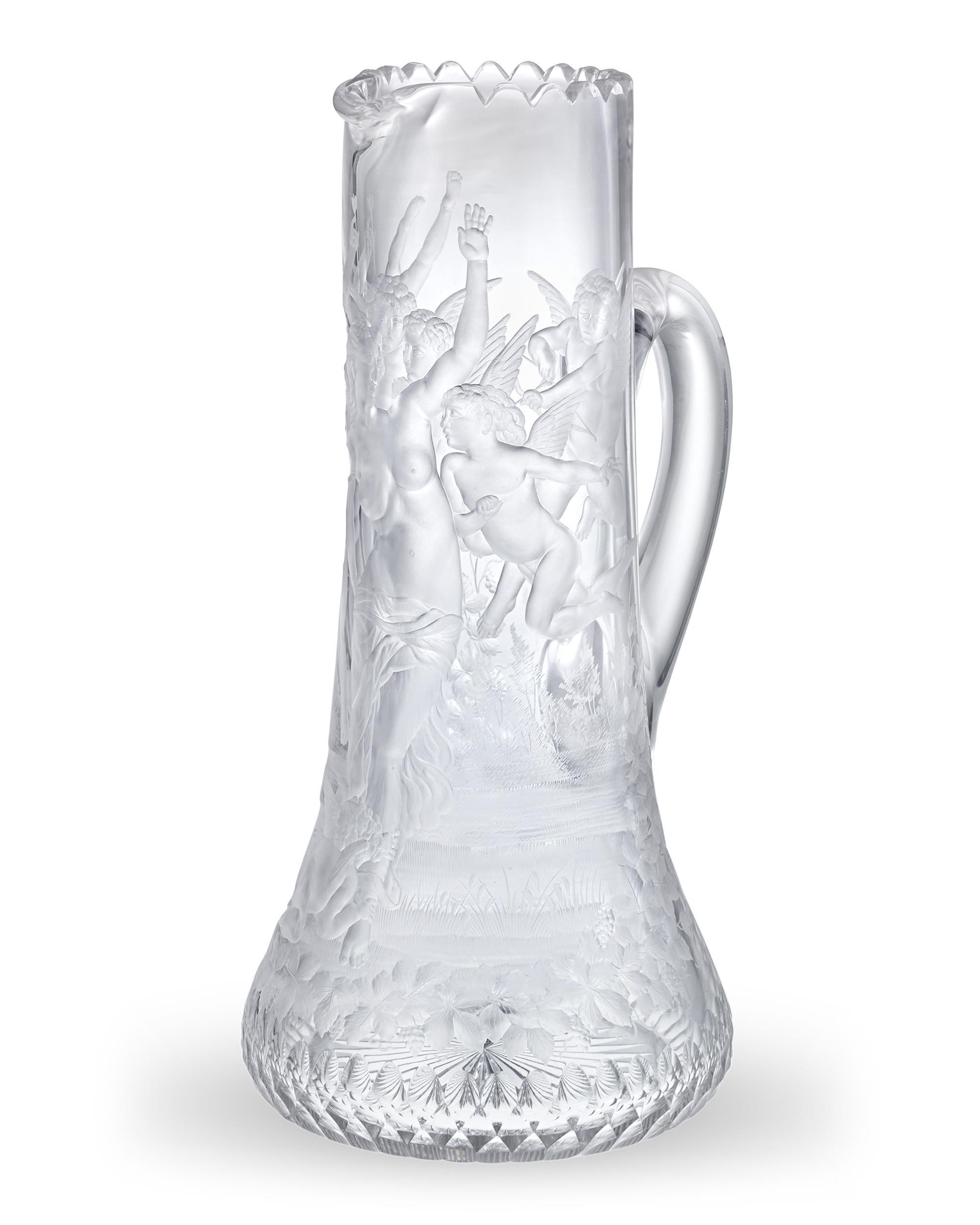 This exquisite engraved and cut glass pitcher bears frolicking figures from the oeuvre of the undisputed master of Academic art, William-Adolphe Bouguereau. The American Brilliant Period cut glass artisans pushed the boundaries of traditional