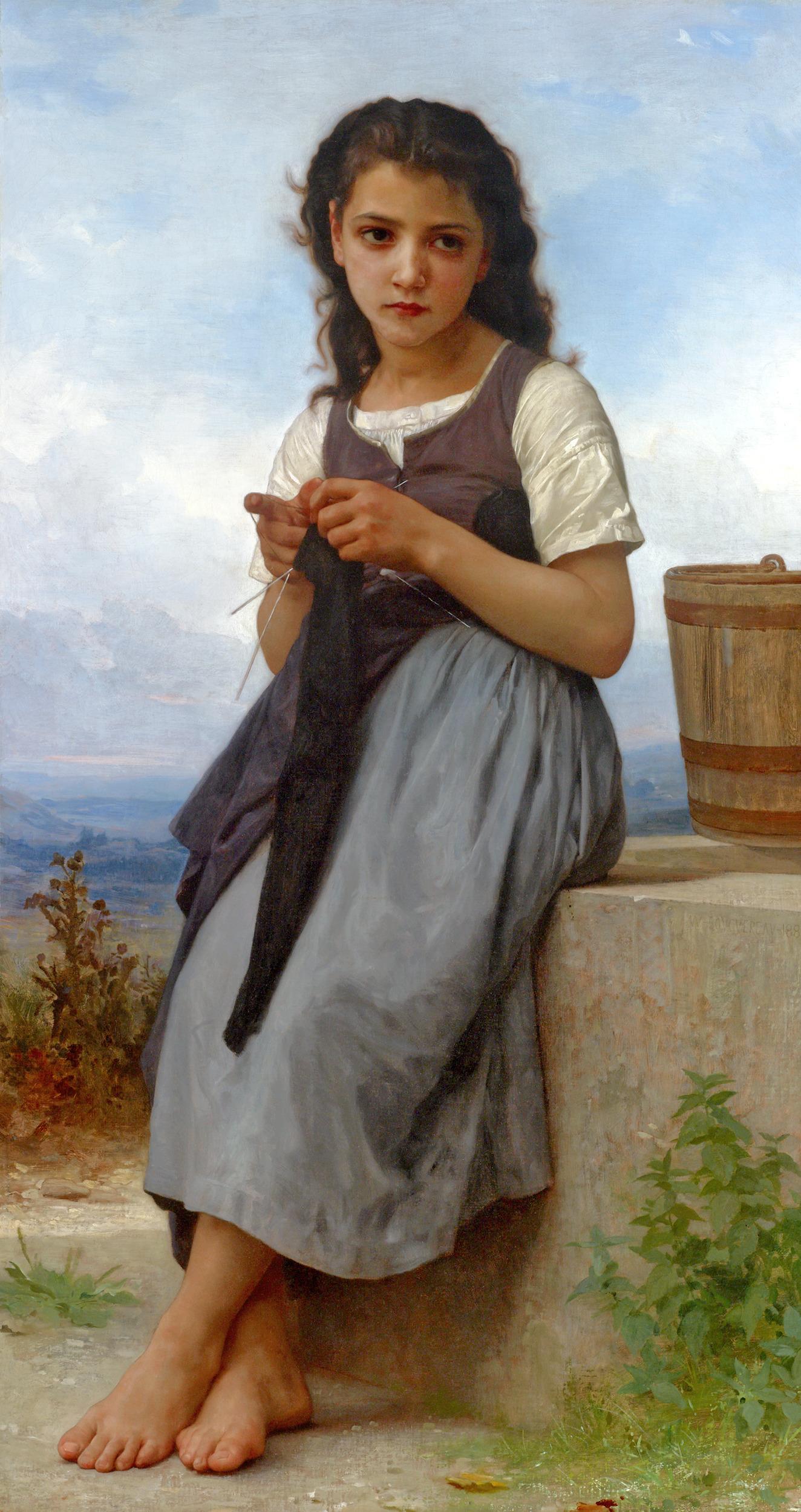 William-Adolphe Bouguereau Figurative Painting - La tricoteuse (The Knitting Girl)