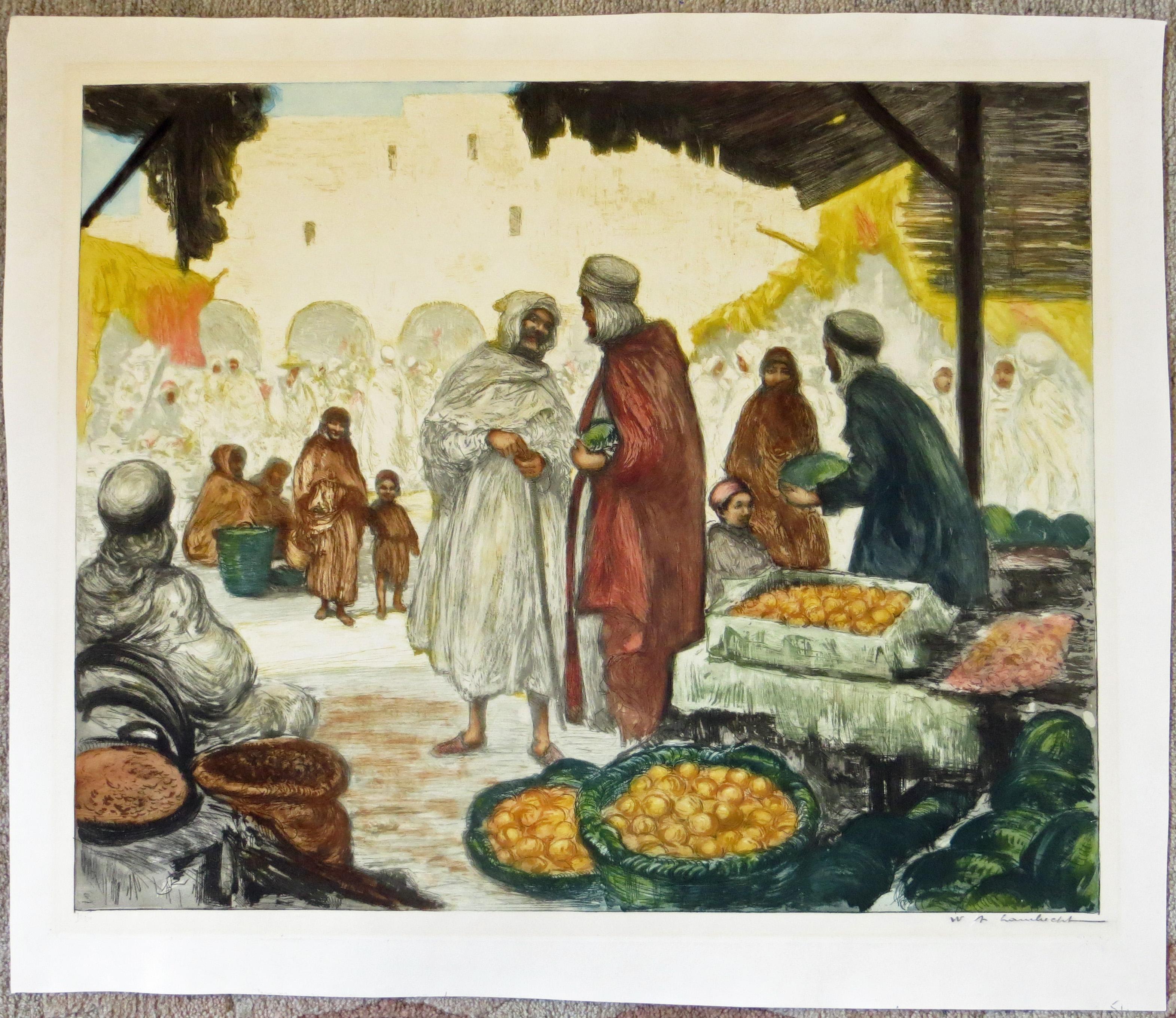 Hand colored Etching - Souk a’ Gabes Tunisia - Print by WILLIAM ADOLPHE LAMBRECHT