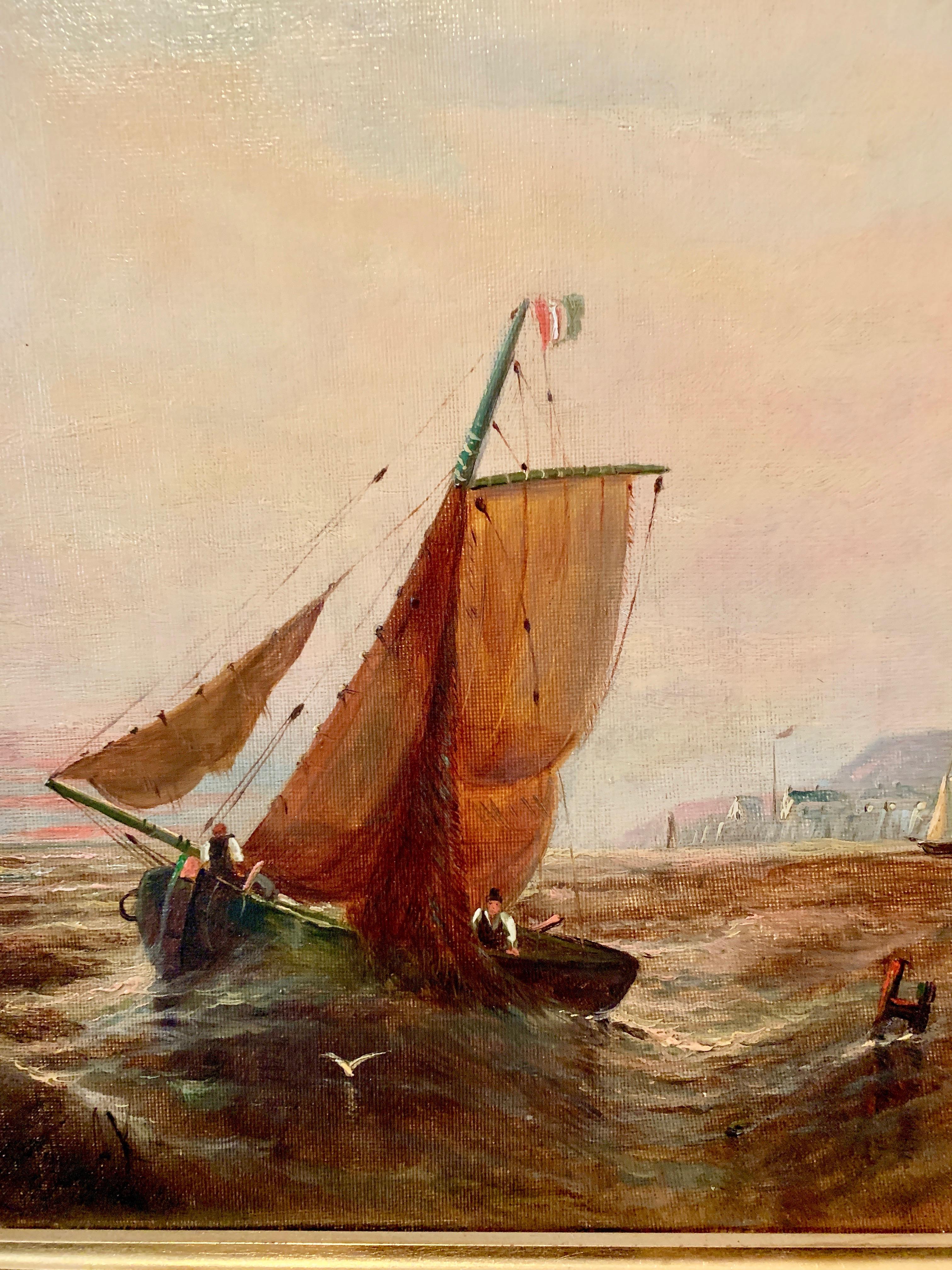 English Victorian 19th century fishing boat in the English Channel - Painting by William Adolphus Knell