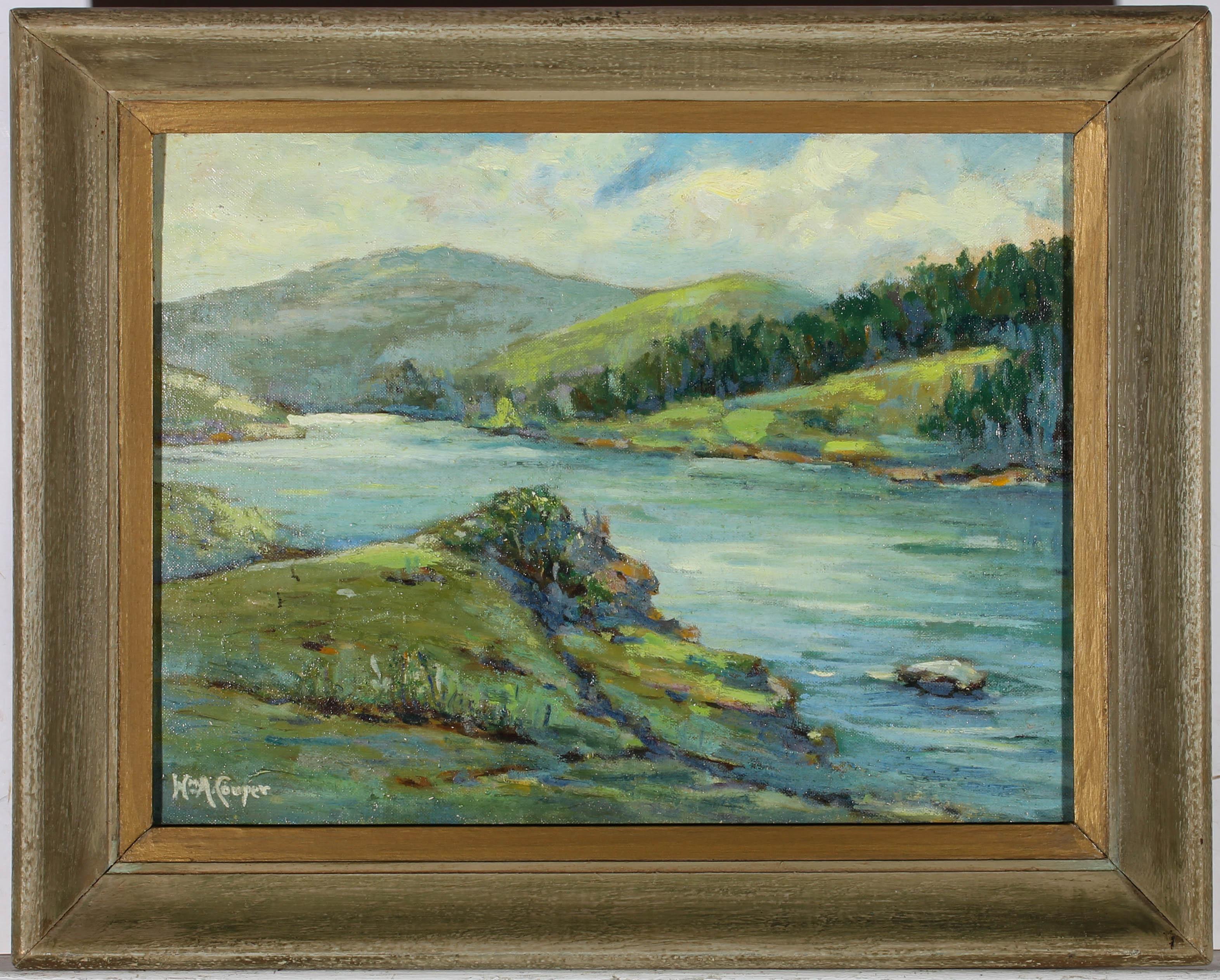 A bold impressionistic river landscape, with an experimental approach to colour and free brushwork by William Alan Couper (1891-1972). Signed to the lower left corner. Beautifully presented in a shabby chic, moss green frame. On board.


  