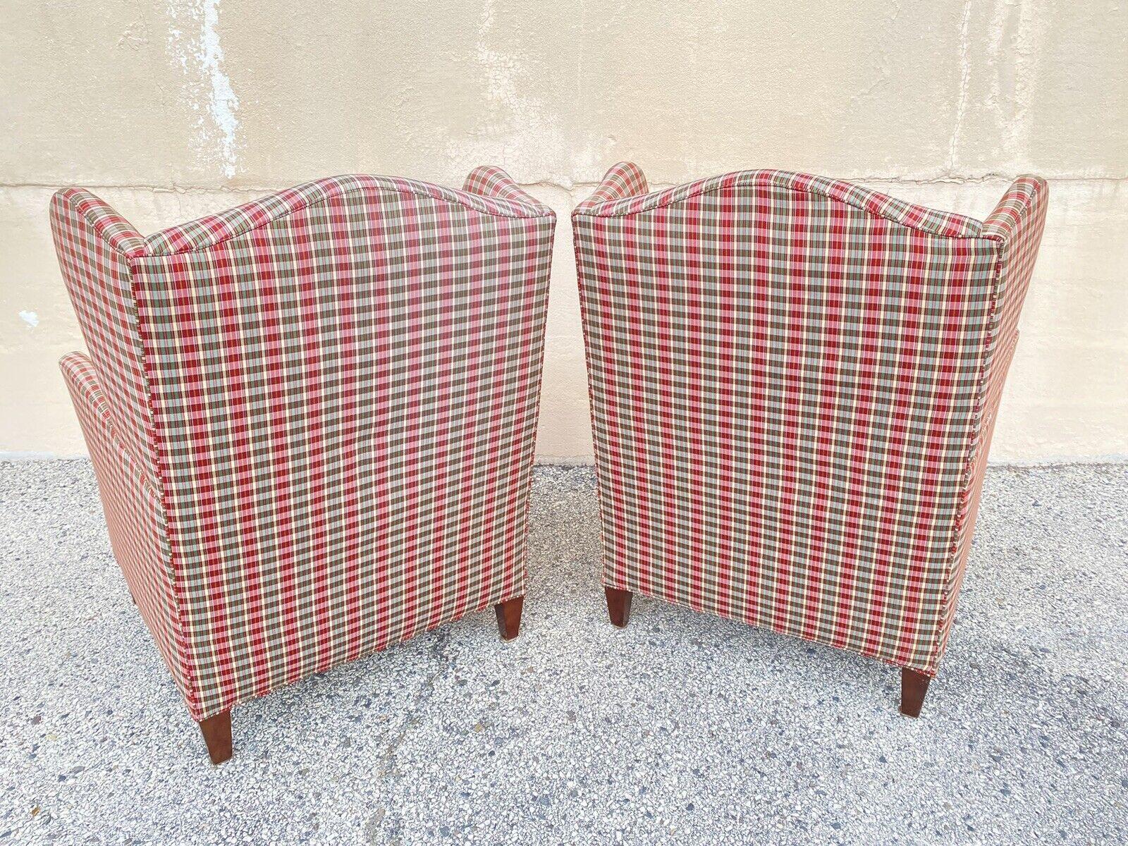 William Alan Green & Red Plaid Wingback Lounge Arm Club Chairs, a Pair 1