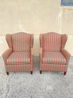 William Alan Green & Red Plaid Wingback Lounge Arm Club Chairs, a Pair
