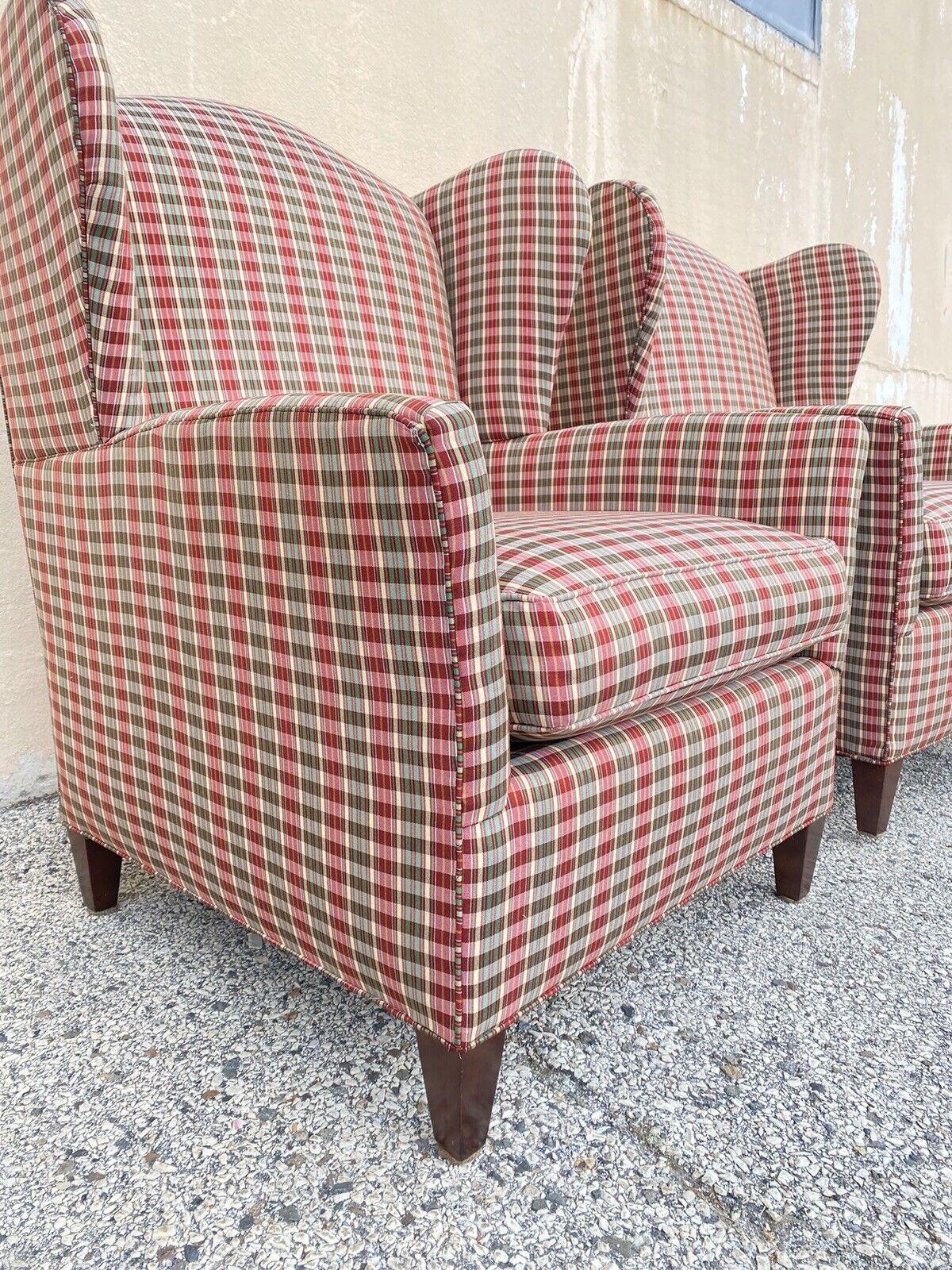 Country William Alan Green & Red Plaid Wingback Lounge Arm Club Chairs, a Pair