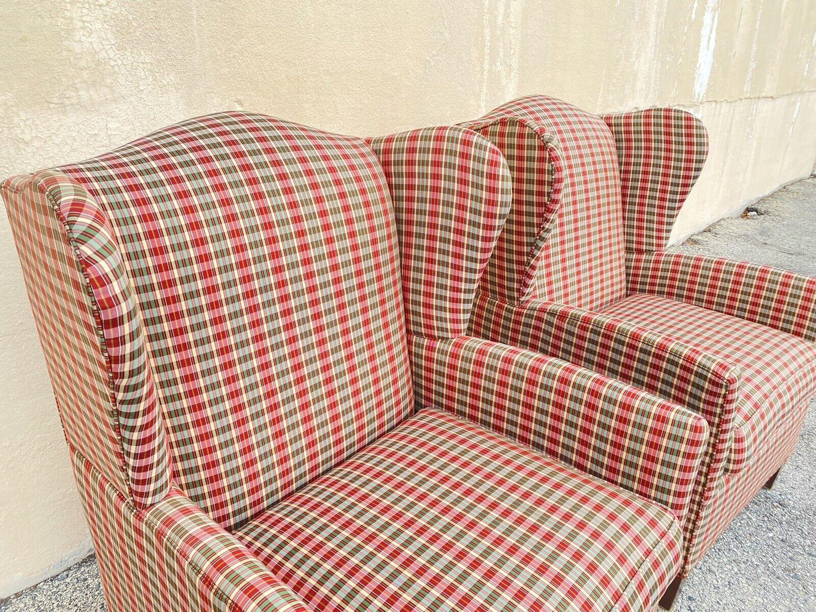 20th Century William Alan Green & Red Plaid Wingback Lounge Arm Club Chairs, a Pair